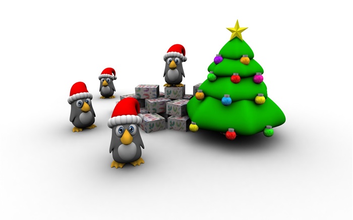 3D圖片，聖誕樹，企鵝，禮品盒 桌布 圖片