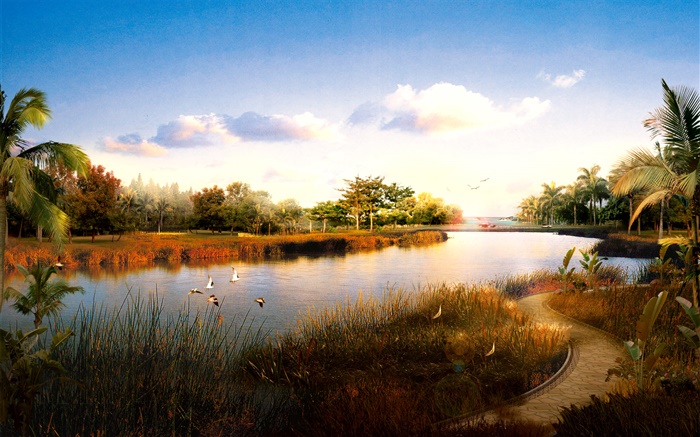 3D渲染景觀，河流，草，鳥，棕櫚樹，日落 桌布 圖片