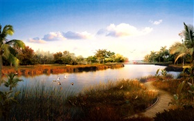 3D渲染景觀，河流，草，鳥，棕櫚樹，日落