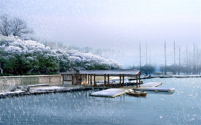3D渲染的風景，碼頭，冬季，雪，樹木，河流 桌布 圖片