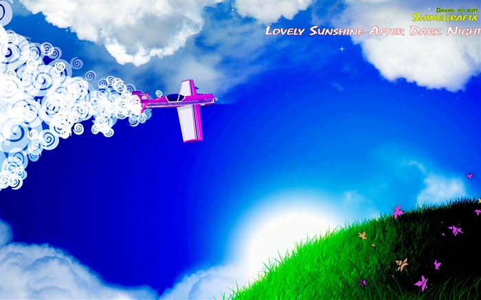 飛機，雲，草地，鮮花，陽光，創意設計 桌布 圖片