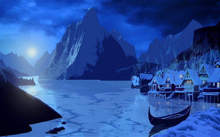 繪畫藝術，雪，晚上，月亮，房子，山，船，河 桌布 圖片