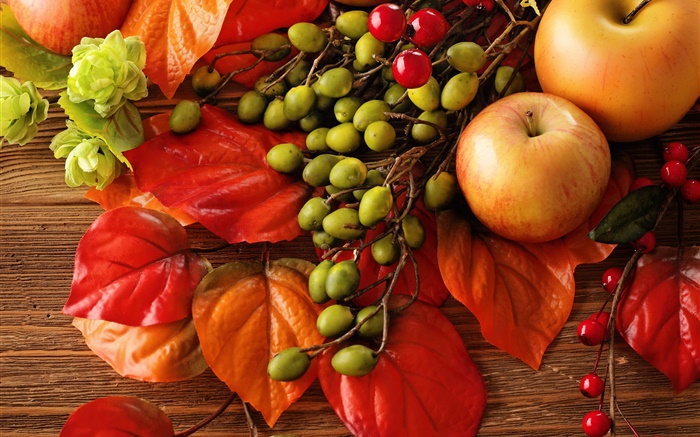 秋季，水果，樹葉，漿果，蘋果 桌布 圖片