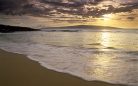 沙灘，大海，日落，雲 高清桌布