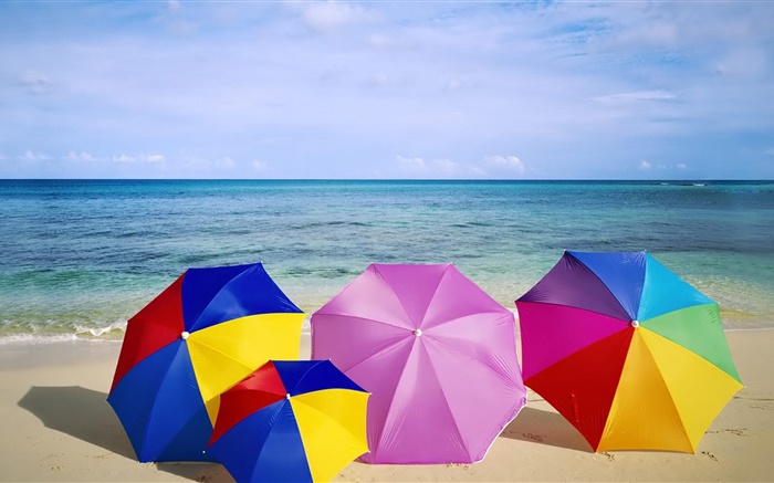 海灘，傘，多彩，夏天 桌布 圖片