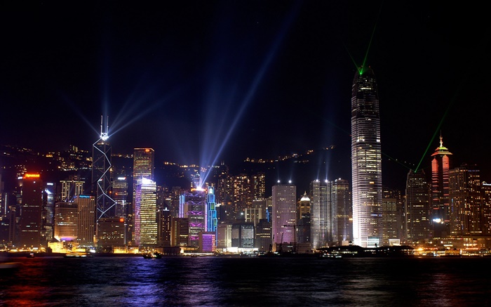 美麗的香港，城市夜景，摩天大樓，燈，海 桌布 圖片