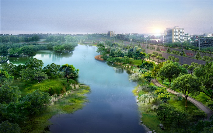 美麗的城市公園，3D設計，河流，樹木，道路，房屋 桌布 圖片