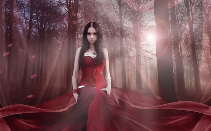 美麗的幻想的女孩，紅色禮服，森林，陽光 桌布 圖片