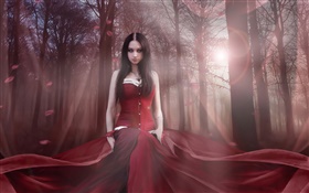 美麗的幻想的女孩，紅色禮服，森林，陽光 高清桌布