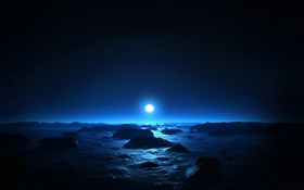 美麗的夜晚，海，海岸，月亮，藍色風格 高清桌布