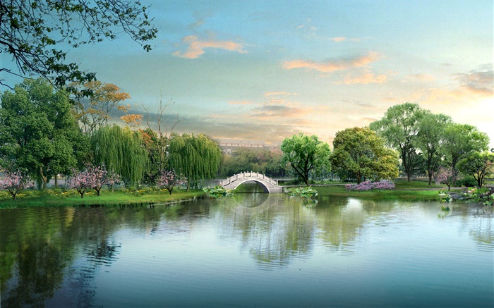美麗的公園湖，橋，樹，3D設計 桌布 圖片