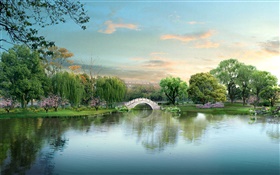 美麗的公園湖，橋，樹，3D設計