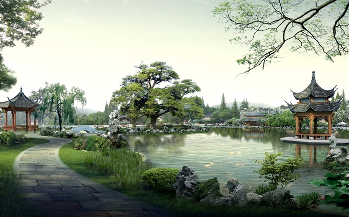 美麗的公園，湖泊，石，亭，樹木，道路，3D渲染設計 桌布 圖片