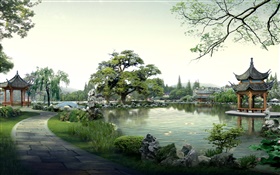 美麗的公園，湖泊，石，亭，樹木，道路，3D渲染設計 高清桌布