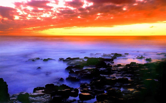 美麗的紅色的天空，夕陽，海，石頭，夏威夷，美國 桌布 圖片