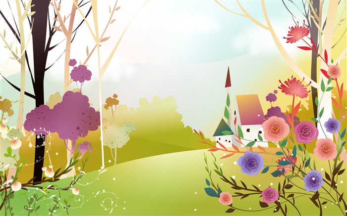 美麗的春天，花草，樹木，太陽，房子，矢量設計 桌布 圖片