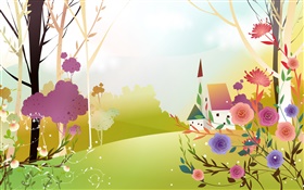 美麗的春天，花草，樹木，太陽，房子，矢量設計 高清桌布