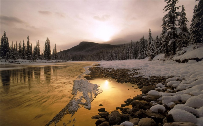 美麗的夕陽，冬天，森林，雪地，高山，河流 桌布 圖片