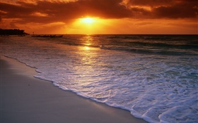 美麗的夕陽，海水，沙灘，雲，紅色的天空 高清桌布