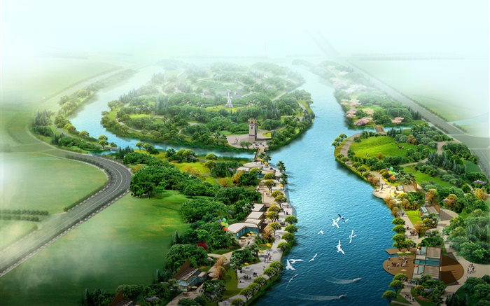 美麗的頂視圖的公園，河流，草，樹，鳥，3D渲染設計 桌布 圖片