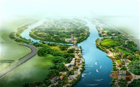 美麗的頂視圖的公園，河流，草，樹，鳥，3D渲染設計