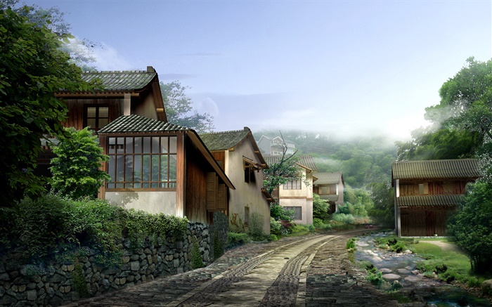 美麗的村莊，房屋，道路，石頭，霧，3D渲染設計 桌布 圖片