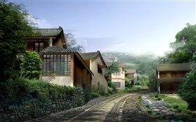 美麗的村莊，房屋，道路，石頭，霧，3D渲染設計 高清桌布