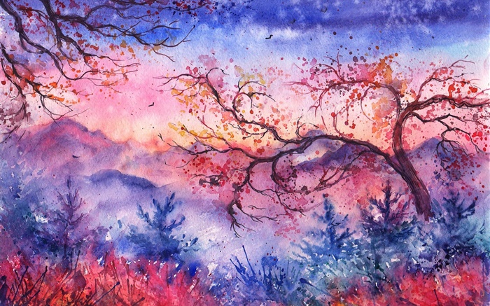 美麗的水彩畫，晚上，樹木，山，紅色風格 桌布 圖片