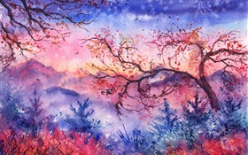 美麗的水彩畫，晚上，樹木，山，紅色風格 高清桌布