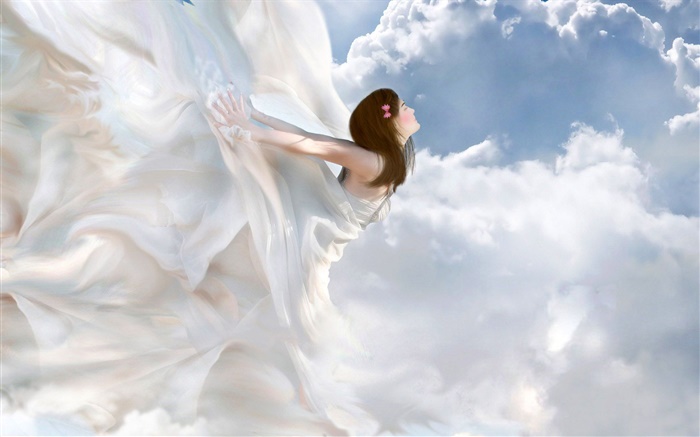 美麗的白色禮服天使，幻想的女孩，雲 桌布 圖片