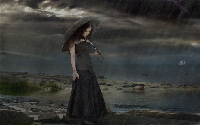 黑色禮服幻想的女孩在雨夜，傘 桌布 圖片