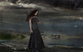 黑色禮服幻想的女孩在雨夜，傘