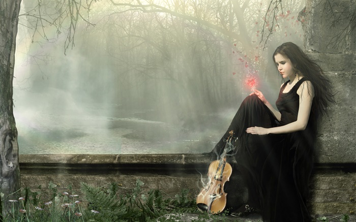 黑色連衣裙的女孩幻想魔術，小提琴 桌布 圖片