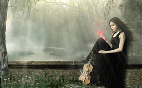 黑色連衣裙的女孩幻想魔術，小提琴