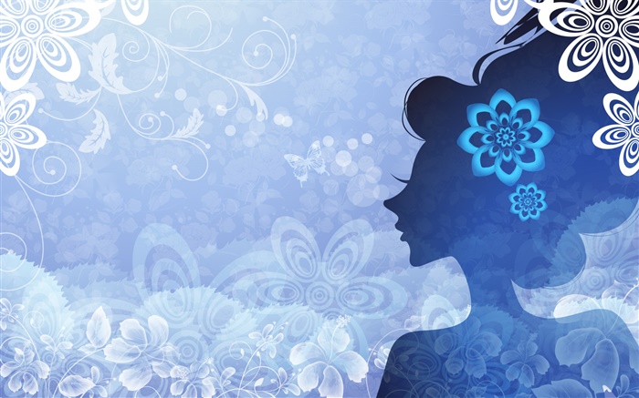 藍色背景，矢量女孩，鮮花，蝴蝶 桌布 圖片