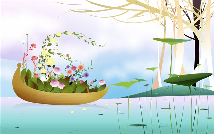 船，花草，樹木，河流，春暖花開的季節，創意，矢量設計 桌布 圖片