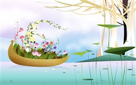 船，花草，樹木，河流，春暖花開的季節，創意，矢量設計 高清桌布