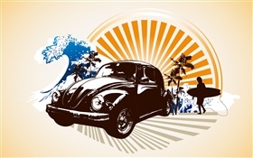 汽車，棕櫚樹，人，海岸，熱帶，矢量圖片 高清桌布