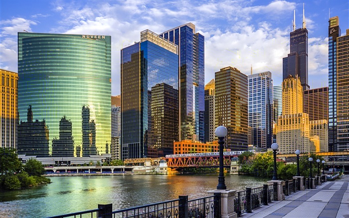 芝加哥市，伊利諾伊州，美國，摩天大樓，河，橋 桌布 圖片