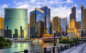 芝加哥市，伊利諾伊州，美國，摩天大樓，河，橋 高清桌布
