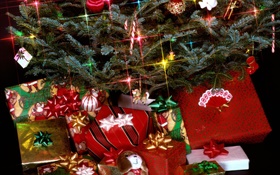 聖誕禮品，燈，松枝 高清桌布