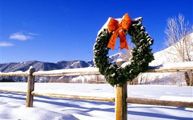 聖誕花環，雪，柵欄 高清桌布