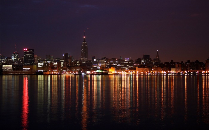 城市夜景，美麗，建築，燈光，河，反射 桌布 圖片