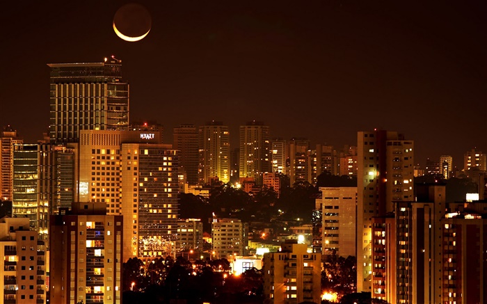 城市夜景，房子，燈光，月亮 桌布 圖片
