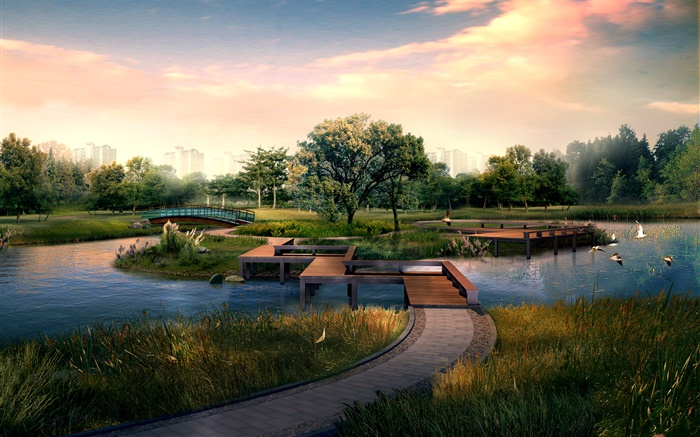 城市公園，木橋，河流，鳥，樹，3D設計 桌布 圖片