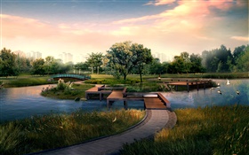 城市公園，木橋，河流，鳥，樹，3D設計 高清桌布