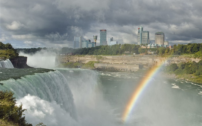 市，瀑布，河流，彩虹，雲 桌布 圖片