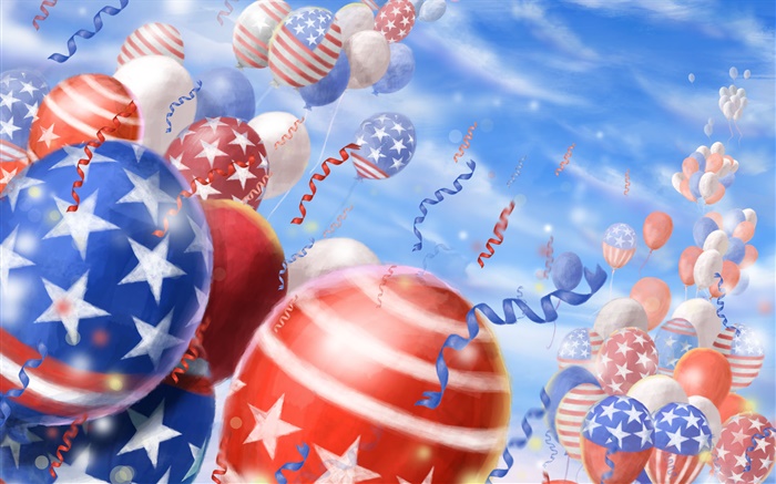 五顏六色的氣球，節日，天空，美國國旗 桌布 圖片
