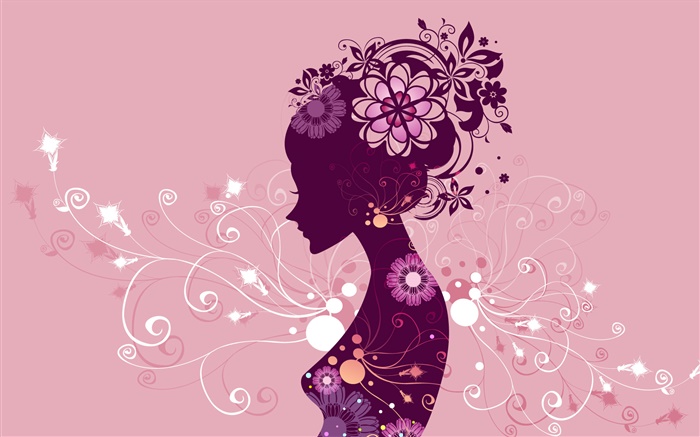 創意設計，矢量女孩，花，粉紅色的背景 桌布 圖片