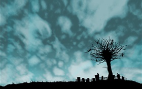 創意圖片，黑色的形狀，樹，鳥，圍欄，雲
